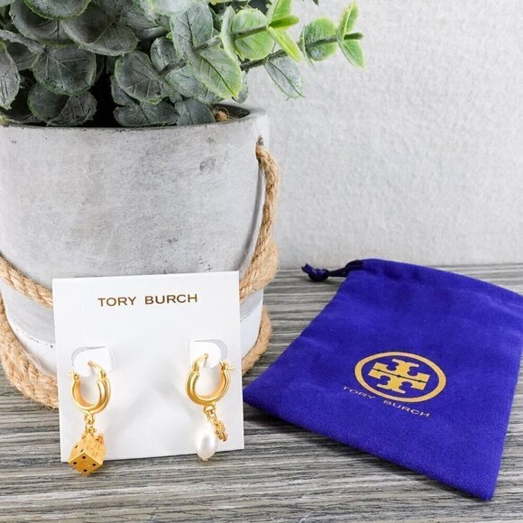 Tory Burch Women's Kira Charm Mismatched Drop Earrings in Rolled Brass Gold OS - Picture 11 of 12